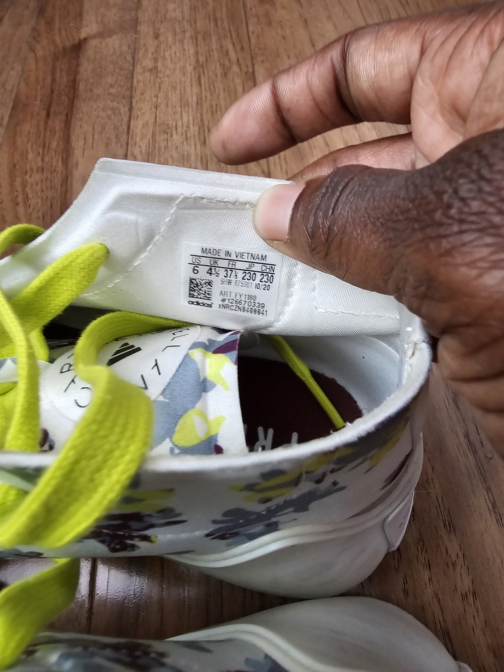 Adidas Kids White Floral Sneakers with Neon Yellow Laces